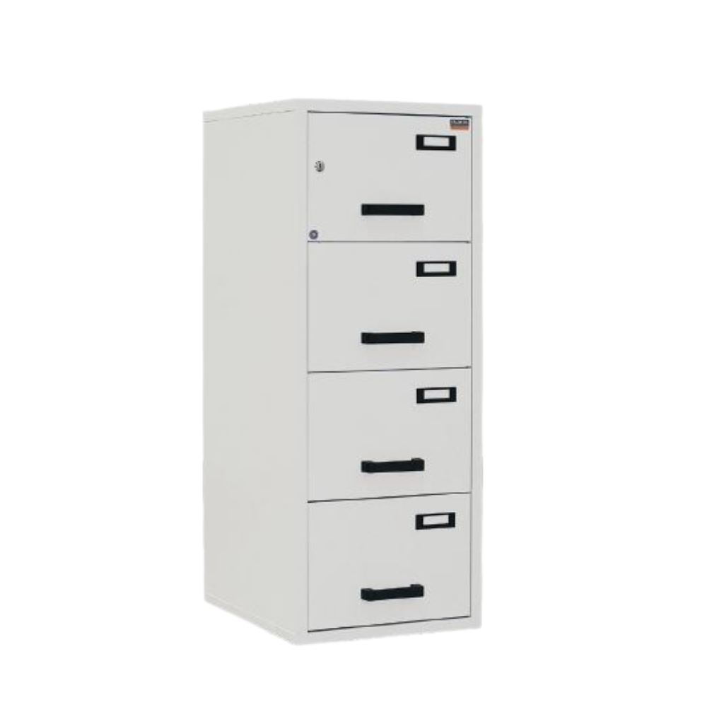 Light grey fire resistant filing cabinet with four doors