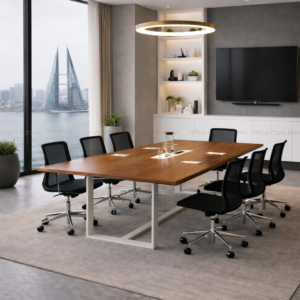 Meeting room table with wooden top metal legs