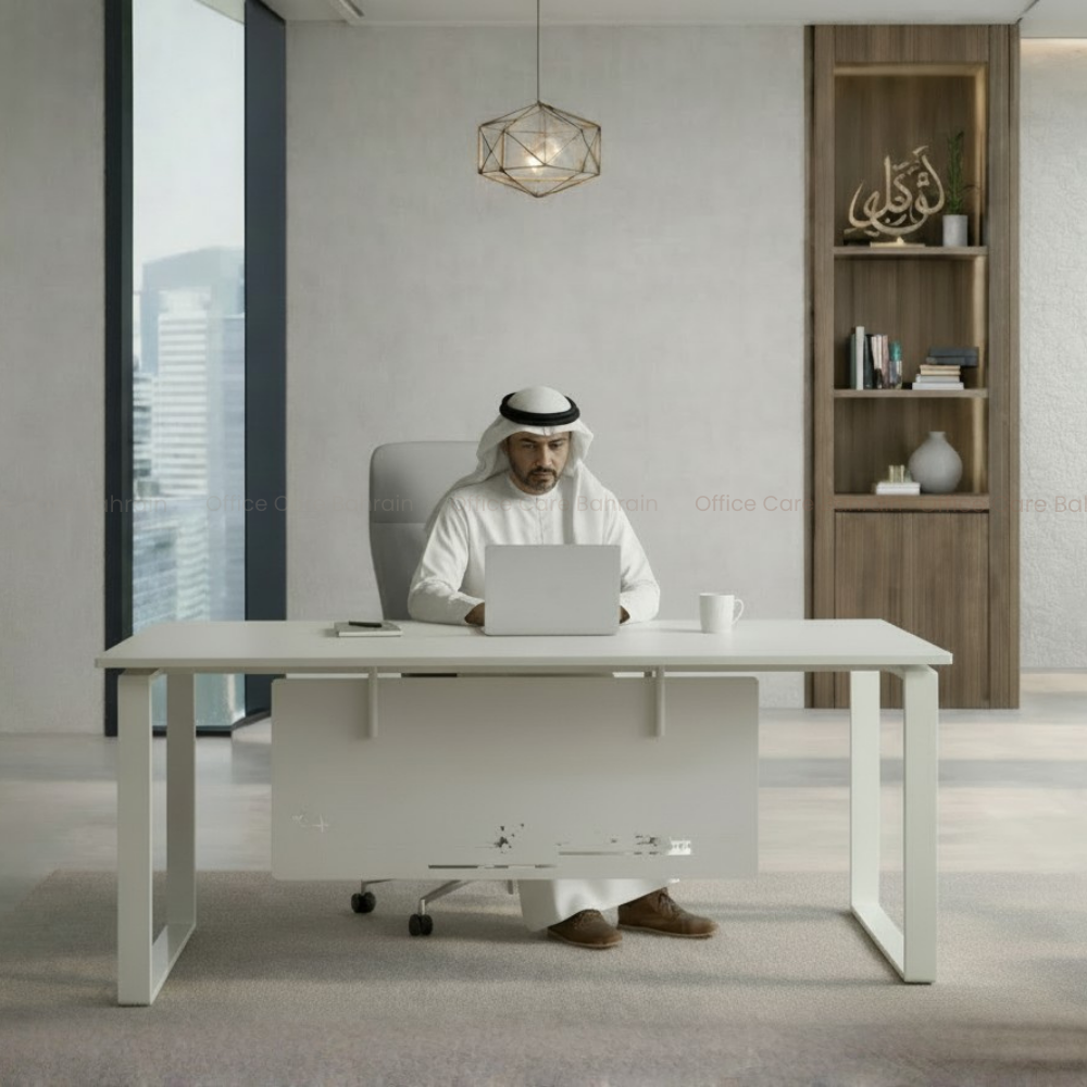 office desk 160cm with white wooden top steel legs