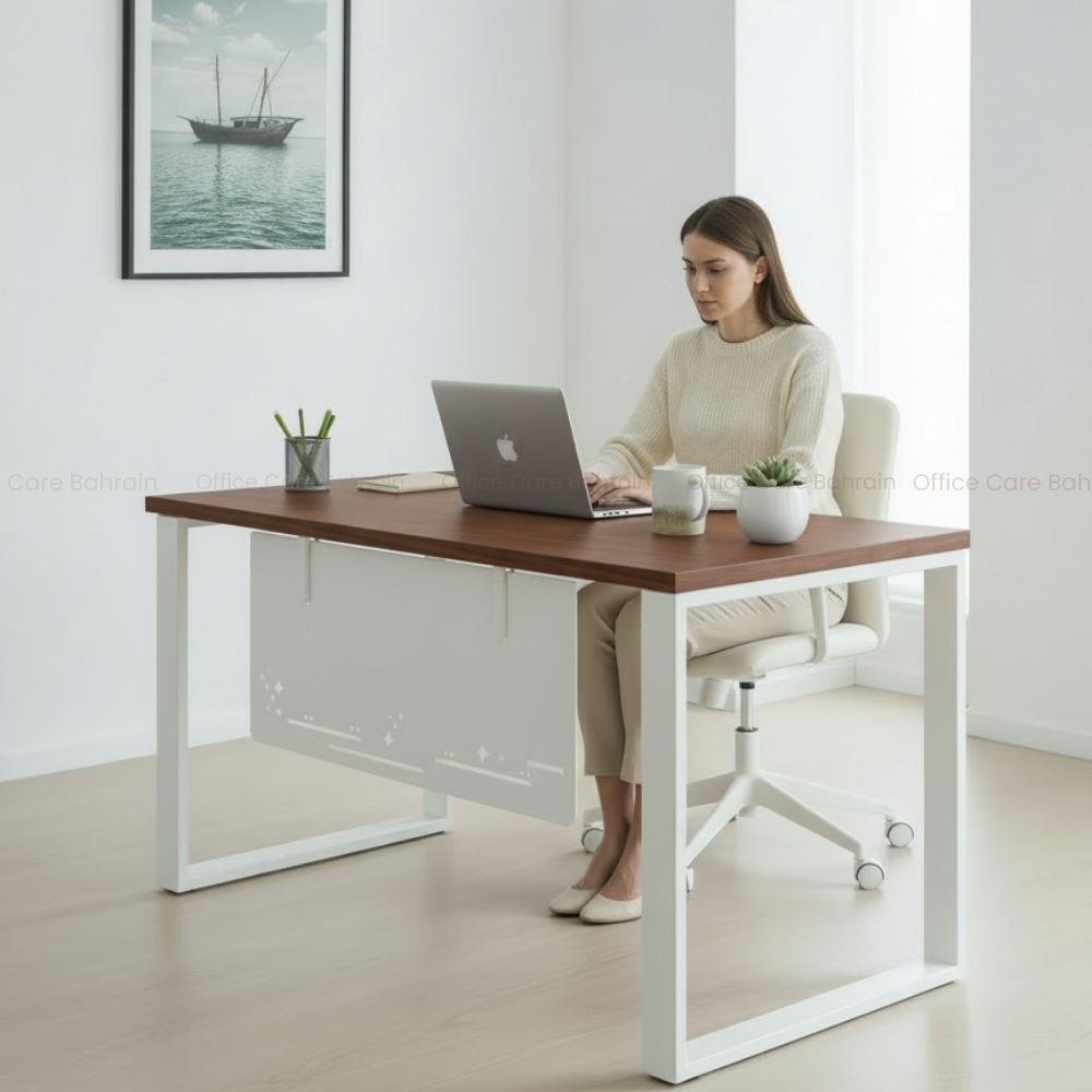 office table with steel legs and walnut wooden top